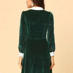 Allegra K Women's Contrast Color Half Placket Long Sleeve Fit And Flare Dress