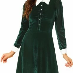 Allegra K Women's Contrast Color Half Placket Long Sleeve Fit And Flare Dress