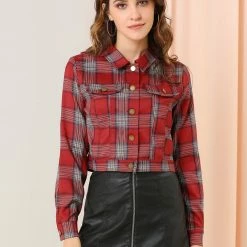 Allegra K Women Classic Vintage Button Front Closure Chest Pocket Plaid Crop Jacket