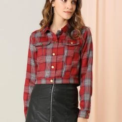 Allegra K Women Classic Vintage Button Front Closure Chest Pocket Plaid Crop Jacket