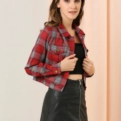 Allegra K Women Classic Vintage Button Front Closure Chest Pocket Plaid Crop Jacket