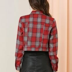 Allegra K Women Classic Vintage Button Front Closure Chest Pocket Plaid Crop Jacket