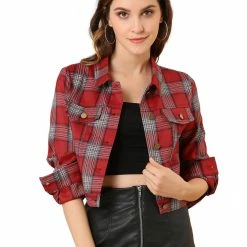 Allegra K Women Classic Vintage Button Front Closure Chest Pocket Plaid Crop Jacket