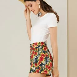 Allegra K Women's Sunflowers Short Pants Elastic Waist Vacation Boho Floral Mini Shorts