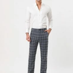 Allegra K Men's Plaid Checks Patterned Flat Front Chino Dress Pants