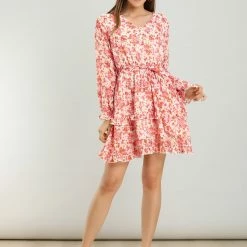 Allegra K Women's Casual Long Sleeve V Neck Elastic Waist Ruffle Hem A Line Floral Dress With Belt