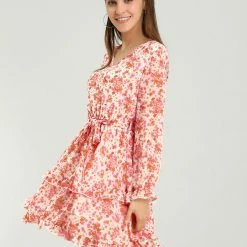 Allegra K Women's Casual Long Sleeve V Neck Elastic Waist Ruffle Hem A Line Floral Dress With Belt