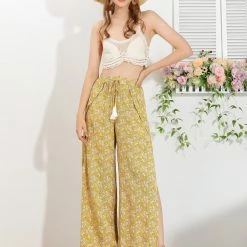 Allegra K Women's Boho High Split Elastic Waist Tassel Drawstring Printed Wide Leg Pants 22 Allegra K Women's Boho High Split Elastic Waist Tassel Drawstring Printed Wide Leg Pants