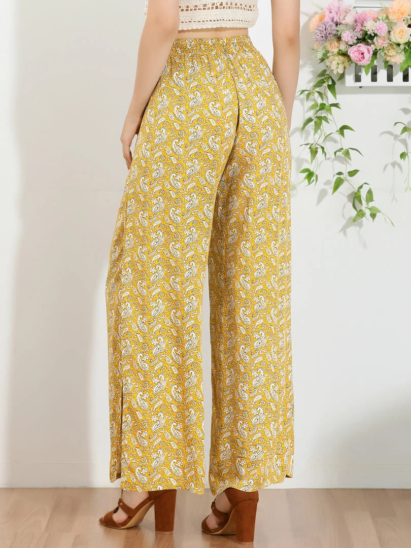 Allegra K Women's Boho High Split Elastic Waist Tassel Drawstring Printed Wide Leg Pants 13 Allegra K Women's Boho High Split Elastic Waist Tassel Drawstring Printed Wide Leg Pants