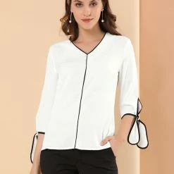Allegra K Women's 3/4 Sleeve Tie Cuff Piped V Neck Solid Blouse Office Work Top 12 Allegra K Women's 3/4 Sleeve Tie Cuff Piped V Neck Solid Blouse Office Work Top