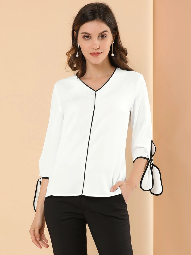 Allegra K Women's 3/4 Sleeve Tie Cuff Piped V Neck Solid Blouse Office Work Top 6 Allegra K Women's 3/4 Sleeve Tie Cuff Piped V Neck Solid Blouse Office Work Top
