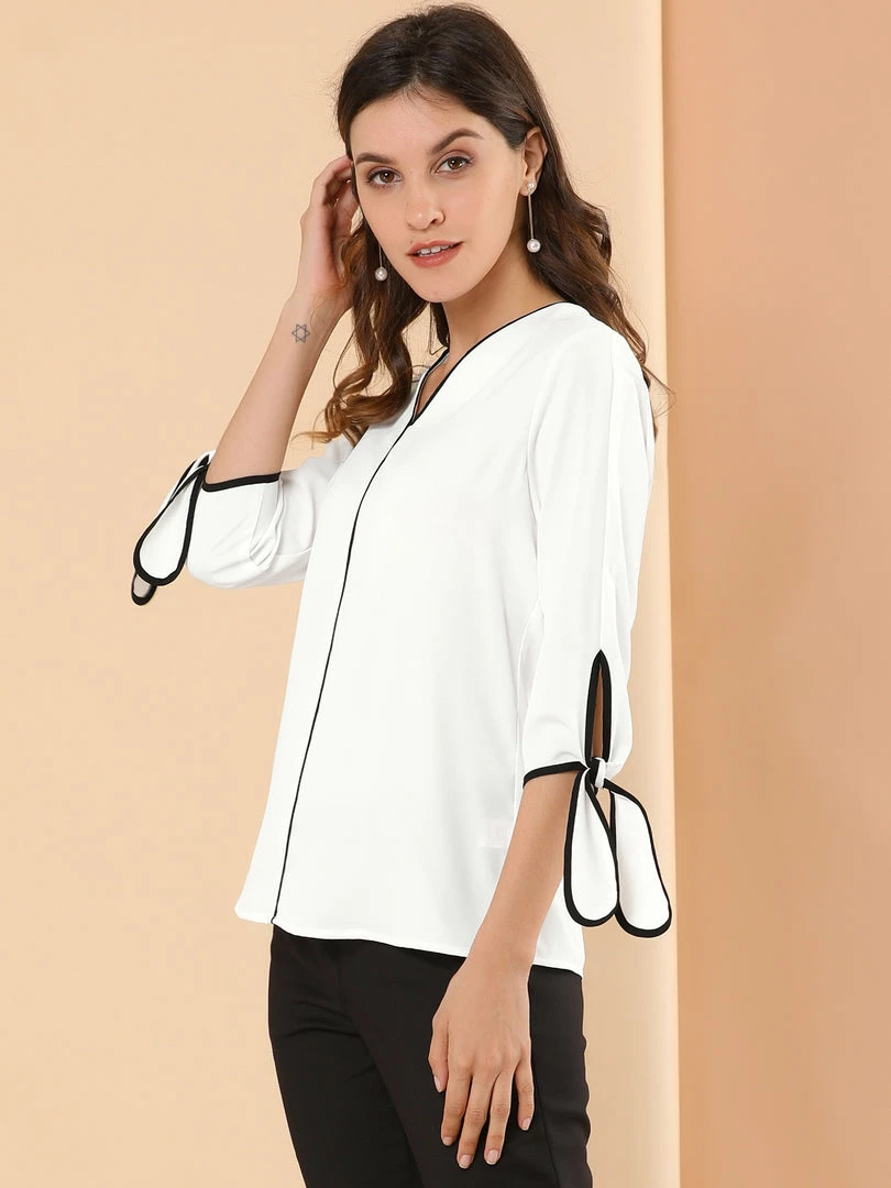 Allegra K Women's 3/4 Sleeve Tie Cuff Piped V Neck Solid Blouse Office Work Top 7 Allegra K Women's 3/4 Sleeve Tie Cuff Piped V Neck Solid Blouse Office Work Top