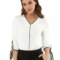 Allegra K Women's 3/4 Sleeve Tie Cuff Piped V Neck Solid Blouse Office Work Top