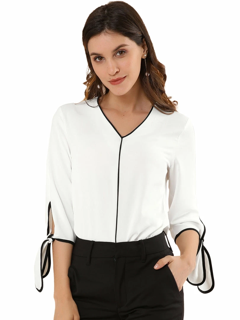 Allegra K Women's 3/4 Sleeve Tie Cuff Piped V Neck Solid Blouse Office Work Top 4 Allegra K Women's 3/4 Sleeve Tie Cuff Piped V Neck Solid Blouse Office Work Top
