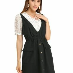 Allegra K Women's Buttons Solid Overalls Pinafore Dress With Pockets