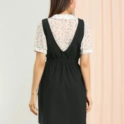 Allegra K Women's Buttons Solid Overalls Pinafore Dress With Pockets