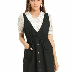 Allegra K Women's Buttons Solid Overalls Pinafore Dress With Pockets