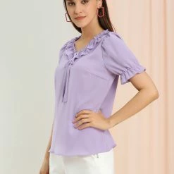 Allegra K Women's Tie V Neck Ruffle Neck Top Puff Sleeve Ruffle Cuff Casual Blouse