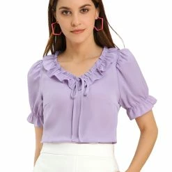 Allegra K Women's Tie V Neck Ruffle Neck Top Puff Sleeve Ruffle Cuff Casual Blouse