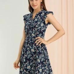 Allegra K Women’s Women's Cap Sleeve Ruffle V-Neck Floral Casual Summer Dress