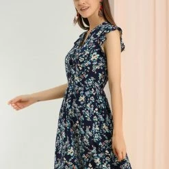 Allegra K Women’s Women's Cap Sleeve Ruffle V-Neck Floral Casual Summer Dress
