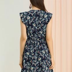 Allegra K Women’s Women's Cap Sleeve Ruffle V-Neck Floral Casual Summer Dress