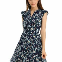 Allegra K Women’s Women's Cap Sleeve Ruffle V-Neck Floral Casual Summer Dress