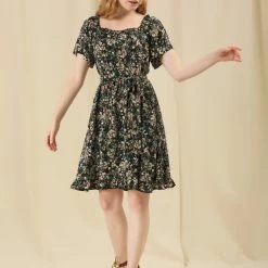 Allegra K Women's Square Neck Floral Peasant Ruffle Tie Short Sleeve Summer Dress