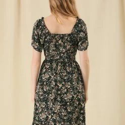 Allegra K Women's Square Neck Floral Peasant Ruffle Tie Short Sleeve Summer Dress