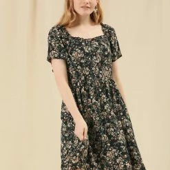 Allegra K Women's Square Neck Floral Peasant Ruffle Tie Short Sleeve Summer Dress