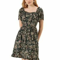 Allegra K Women's Square Neck Floral Peasant Ruffle Tie Short Sleeve Summer Dress