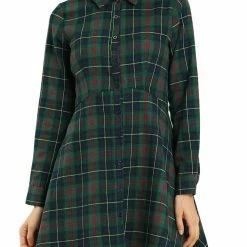 Allegra K Women's Plaid Button Up Point Collar Fit And Flare Full Placket Tunic Dress Long Sleeve Turndown Collar