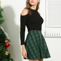Allegra K Women's Tartan Plaid Zip Up High Waist A-Line Skater Skirt
