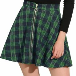 Allegra K Women's Tartan Plaid Zip Up High Waist A-Line Skater Skirt