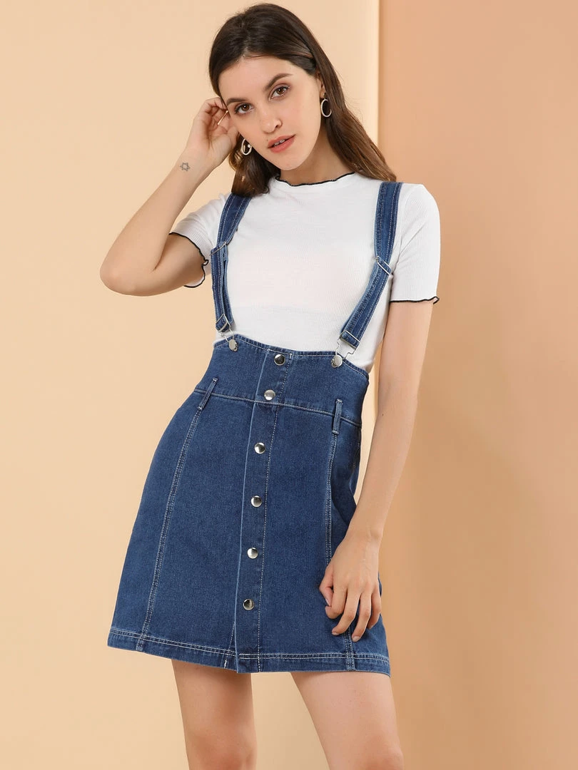 Allegra K Women's Casual Button Front High Waist Overall Denim Skirt Suspender Dress 10 Allegra K Women's Casual Button Front High Waist Overall Denim Skirt Suspender Dress