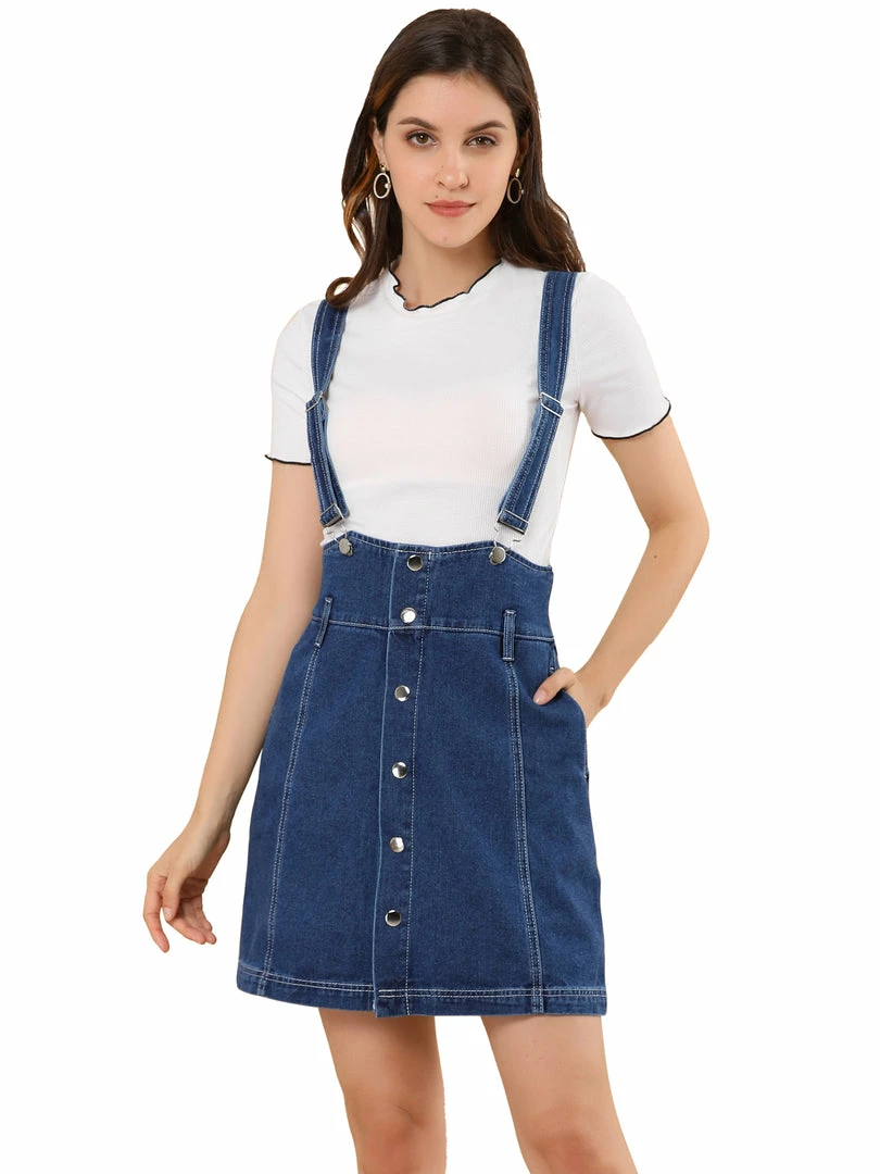 Allegra K Women's Casual Button Front High Waist Overall Denim Skirt Suspender Dress 9 Allegra K Women's Casual Button Front High Waist Overall Denim Skirt Suspender Dress