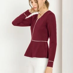 Allegra K Women's V Neck Long Sleeves Ruffle Hem Peplum Blouse Top