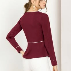 Allegra K Women's V Neck Long Sleeves Ruffle Hem Peplum Blouse Top