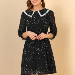 Allegra K Women's Peter Pan Collar Dresses Star Puff Sleeve Chiffon Shirt Dress