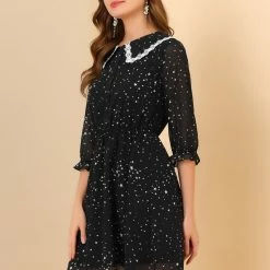 Allegra K Women's Peter Pan Collar Dresses Star Puff Sleeve Chiffon Shirt Dress