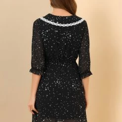 Allegra K Women's Peter Pan Collar Dresses Star Puff Sleeve Chiffon Shirt Dress