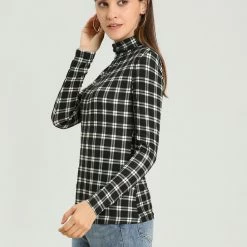 Allegra K Women's Turtleneck Long Sleeve Slim Plaid Shirt Blouse
