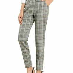 Allegra K Women's Plaid High Waist Straight Pant Trousers Cropped Ankle Tartan Office Pants