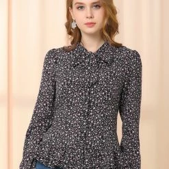 Allegra K Women's Floral Tie Bow Neck Button Down Ruffle Hem Blouse Shirt