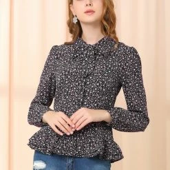 Allegra K Women's Floral Tie Bow Neck Button Down Ruffle Hem Blouse Shirt