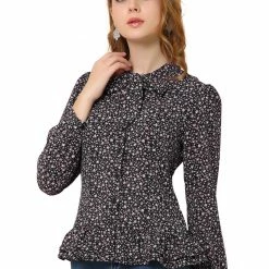 Allegra K Women's Floral Tie Bow Neck Button Down Ruffle Hem Blouse Shirt