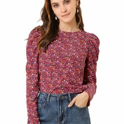 Allegra K Women's Puff Sleeve Top Retro Round Neck Puffy Blouse Tops