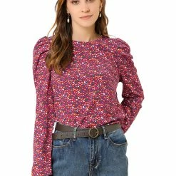 Allegra K Women's Puff Sleeve Top Retro Round Neck Puffy Blouse Tops