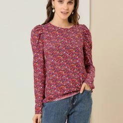 Allegra K Women's Puff Sleeve Top Retro Round Neck Puffy Blouse Tops