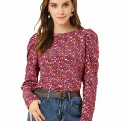 Allegra K Women's Puff Sleeve Top Retro Round Neck Puffy Blouse Tops